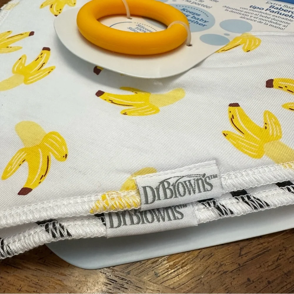 NEW- Dr. Brown's Banana Print Set of Bandana Bibs W/Attachable Silicone Teether